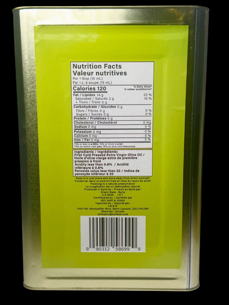 Olivka 10 liter tin, back label
