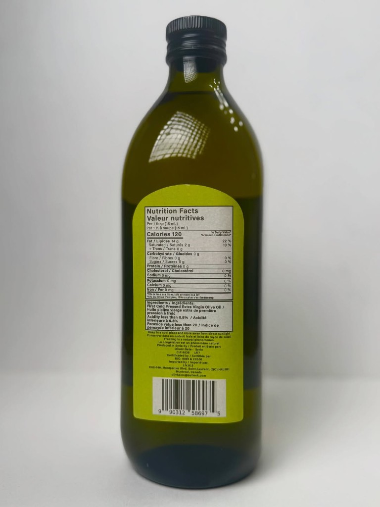 Olivka 1 liter bottle, back label